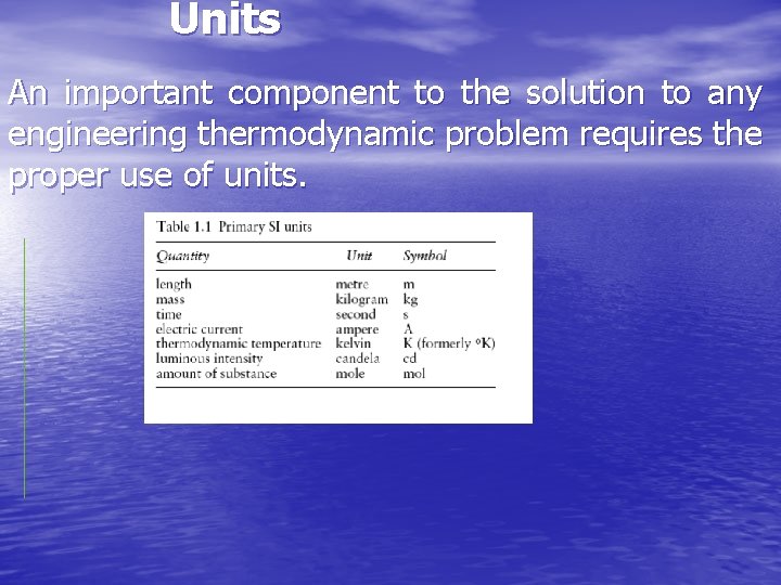 Units An important component to the solution to any engineering thermodynamic problem requires the