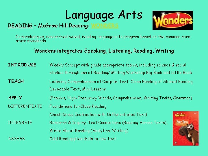 Language Arts READING – Mc. Graw Hill Reading: WONDERS Comprehensive, researched based, reading language