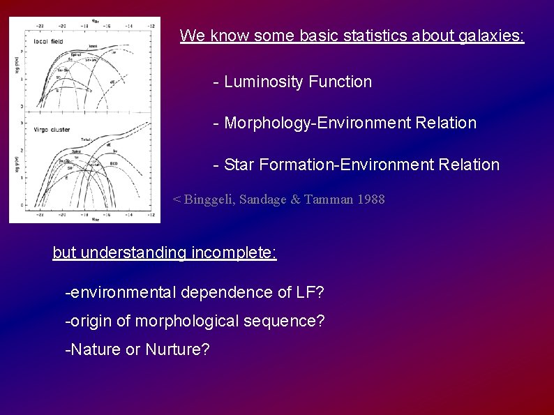 We know some basic statistics about galaxies: - Luminosity Function - Morphology-Environment Relation -