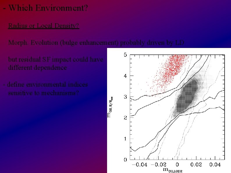 - Which Environment? Radius or Local Density? Morph. Evolution (bulge enhancement) probably driven by