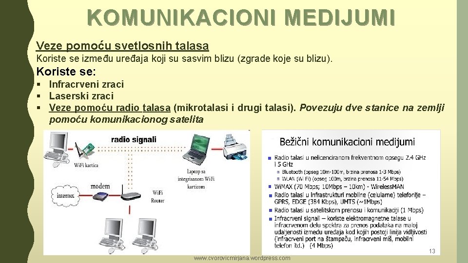 KOMUNIKACIONI MEDIJUMI Veze pomoću svetlosnih talasa Koriste se između uređaja koji su sasvim blizu KOMUNIKACIONI MEDIJUMI Veze pomoću svetlosnih talasa Koriste se između uređaja koji su sasvim blizu