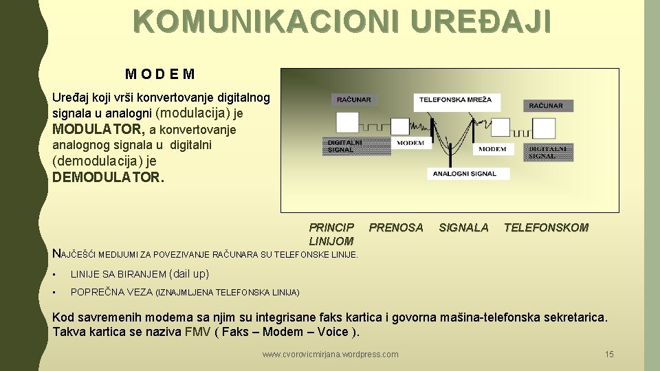 KOMUNIKACIONI URE Đ AJI MODEM Uređaj koji vrši konvertovanje digitalnog signala u analogni (modulacija) KOMUNIKACIONI URE Đ AJI MODEM Uređaj koji vrši konvertovanje digitalnog signala u analogni (modulacija)