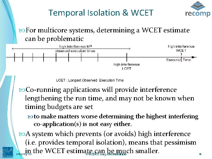 Temporal Isolation & WCET For multicore systems, determining a WCET estimate can be problematic