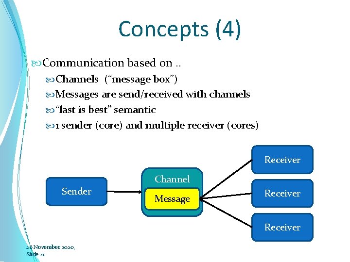 Concepts (4) Communication based on. . Channels (“message box”) Messages are send/received with channels