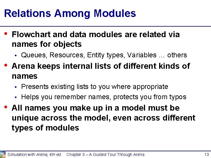 Relations Among Modules • Flowchart and data modules are related via names for objects Relations Among Modules • Flowchart and data modules are related via names for objects