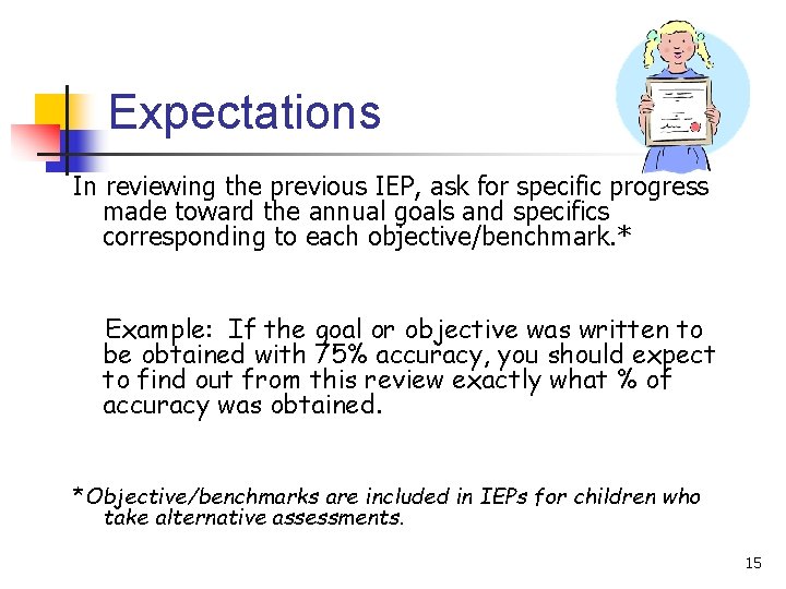 Expectations In reviewing the previous IEP, ask for specific progress made toward the annual