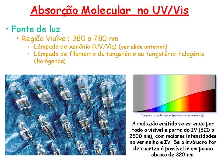 Absorção Molecular no UV/Vis • Fonte de luz • Região Visível: 380 a 780 Absorção Molecular no UV/Vis • Fonte de luz • Região Visível: 380 a 780