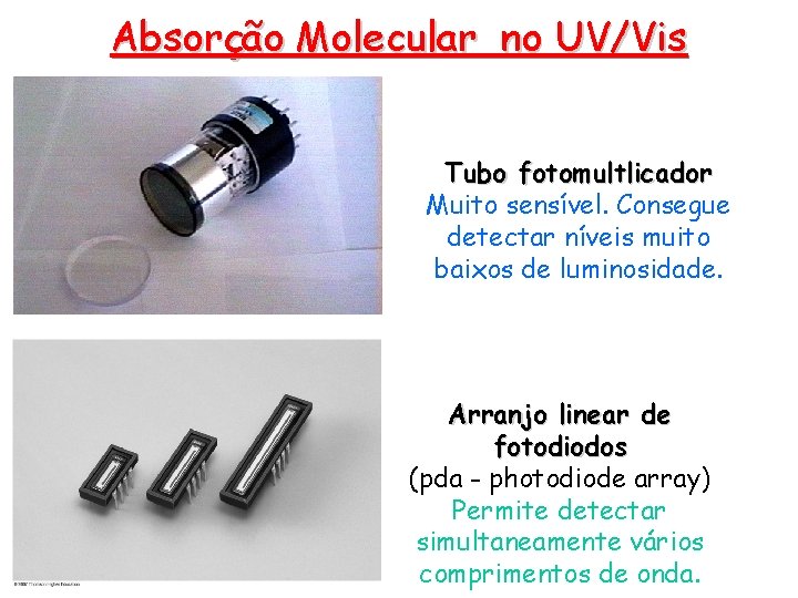 Absorção Molecular no UV/Vis Tubo fotomultlicador Muito sensível. Consegue detectar níveis muito baixos de Absorção Molecular no UV/Vis Tubo fotomultlicador Muito sensível. Consegue detectar níveis muito baixos de
