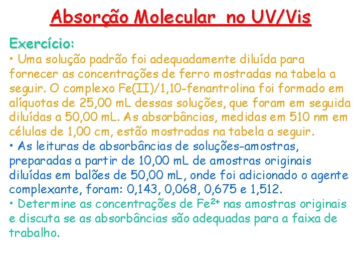 Absorção Molecular no UV/Vis Exercício: • Uma solução padrão foi adequadamente diluída para fornecer Absorção Molecular no UV/Vis Exercício: • Uma solução padrão foi adequadamente diluída para fornecer
