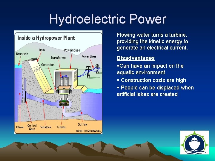 Hydroelectric Power Flowing water turns a turbine, providing the kinetic energy to generate an