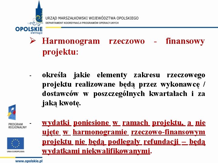 Ø Harmonogram rzeczowo - finansowy projektu: - określa jakie elementy zakresu rzeczowego projektu realizowane