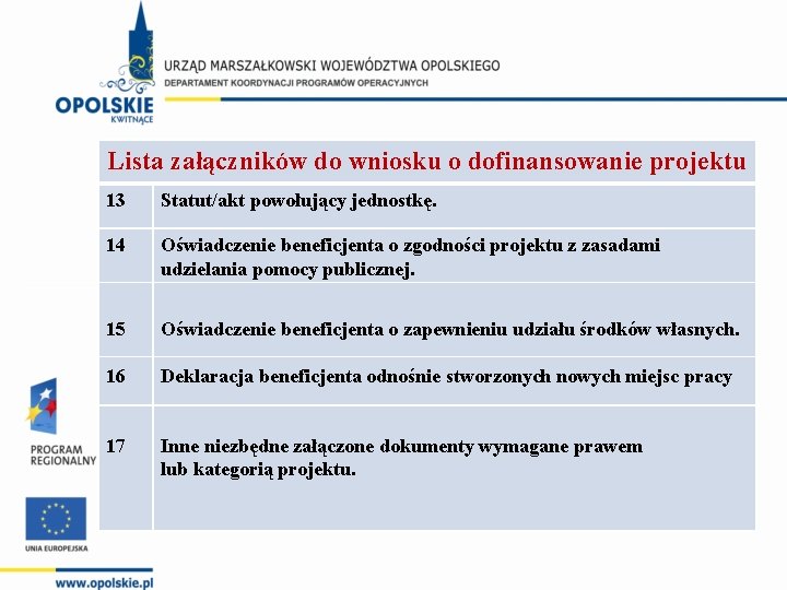 Lista załączników do wniosku o dofinansowanie projektu 13 Statut/akt powołujący jednostkę. 14 Oświadczenie beneficjenta