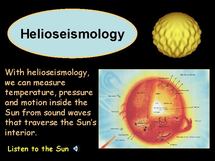 Helioseismology With helioseismology, we can measure temperature, pressure and motion inside the Sun from