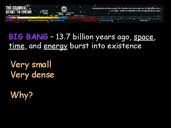 BIG BANG – 13. 7 billion years ago, space, time, and energy burst into