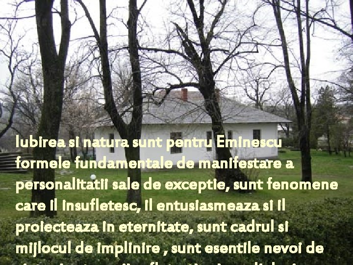 Iubirea si natura sunt pentru Eminescu formele fundamentale de manifestare a personalitatii sale de