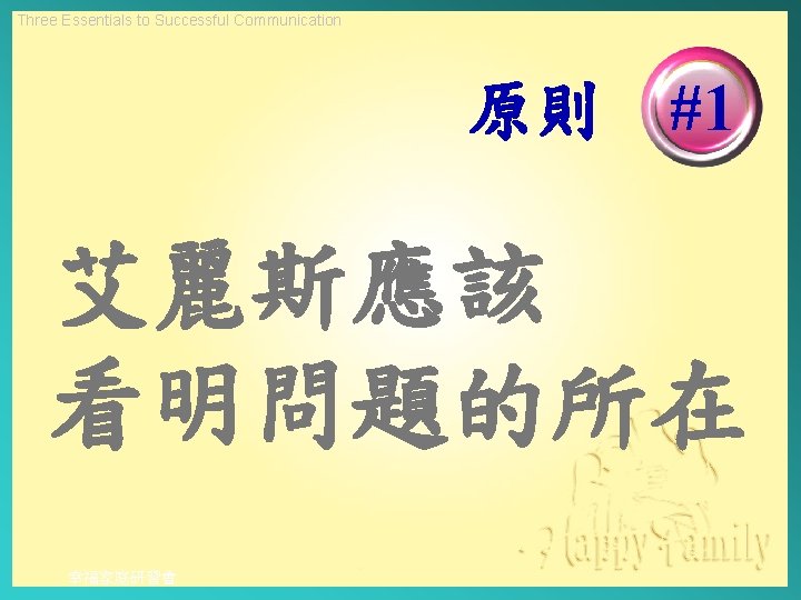 Three Essentials to Successful Communication 原則 #1 艾麗斯應該 看明問題的所在 幸福家庭研習會 