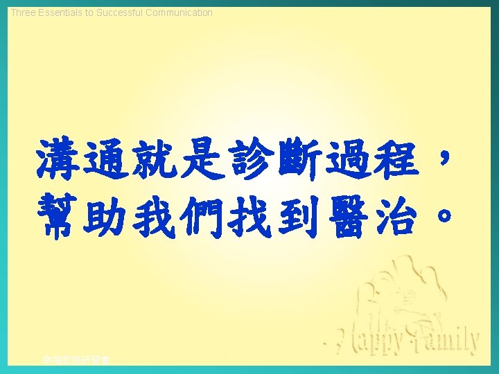 Three Essentials to Successful Communication 溝通就是診斷過程， 幫助我們找到醫治。 幸福家庭研習會 