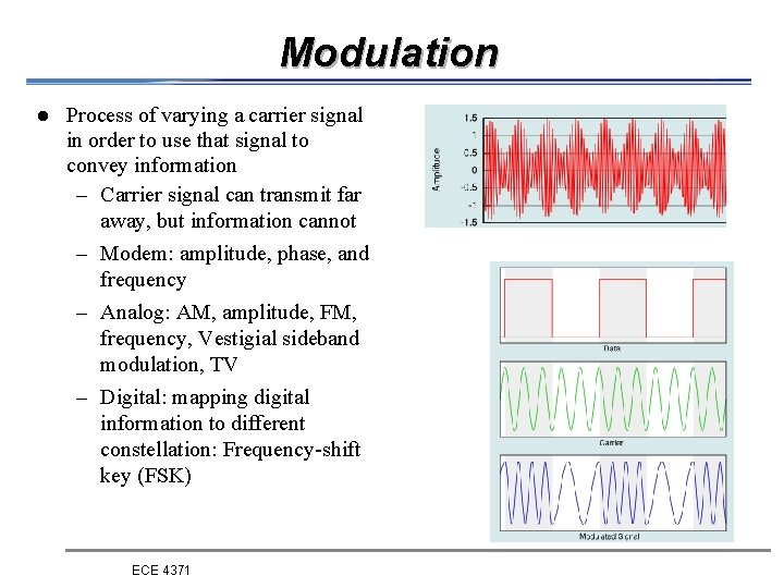 Modulation l Process of varying a carrier signal in order to use that signal