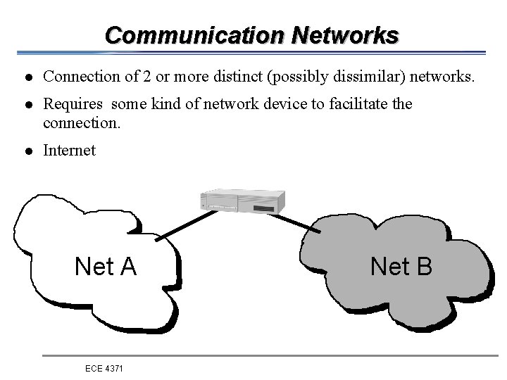 Communication Networks l Connection of 2 or more distinct (possibly dissimilar) networks. l Requires