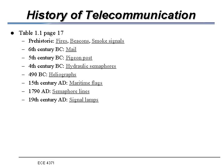 History of Telecommunication l Table 1. 1 page 17 – Prehistoric: Fires, Beacons, Smoke