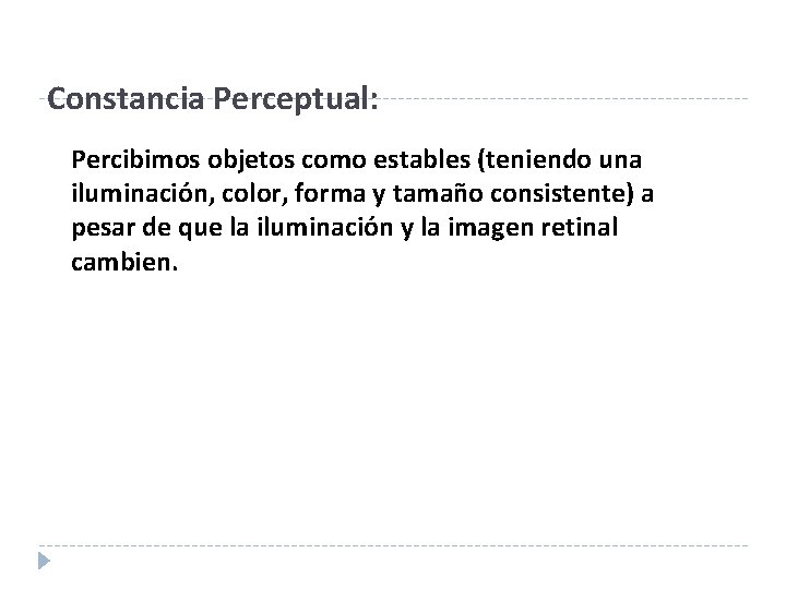 Constancia Perceptual: Percibimos objetos como estables (teniendo una iluminación, color, forma y tamaño consistente)