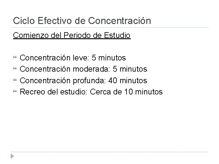 Ciclo Efectivo de Concentración Comienzo del Periodo de Estudio Concentración leve: 5 minutos Concentración