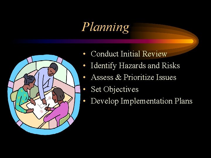 Planning • • • Conduct Initial Review Identify Hazards and Risks Assess & Prioritize