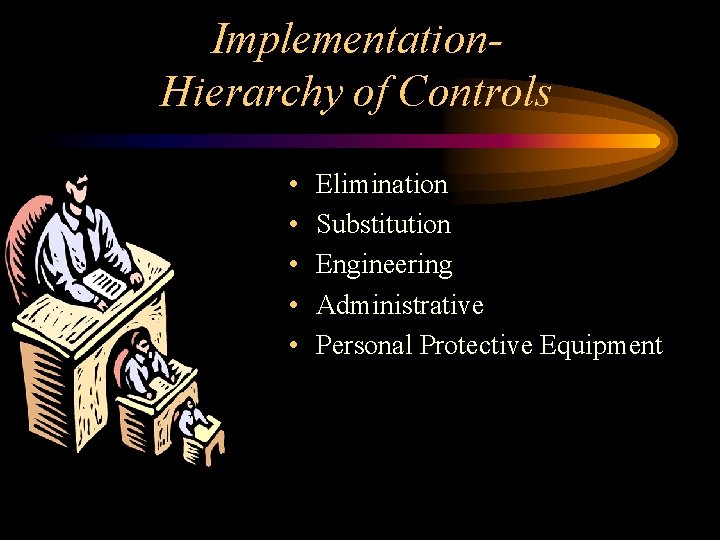 Implementation. Hierarchy of Controls • • • Elimination Substitution Engineering Administrative Personal Protective Equipment