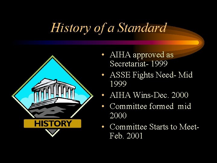 History of a Standard • AIHA approved as Secretariat- 1999 • ASSE Fights Need-