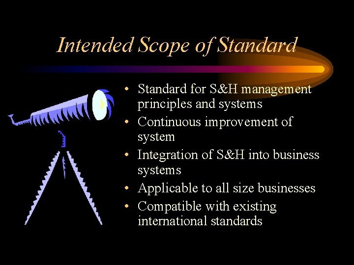 Intended Scope of Standard • Standard for S&H management principles and systems • Continuous