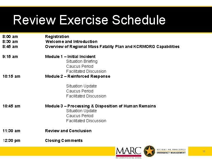 Review Exercise Schedule 8: 00 am 8: 30 am 8: 45 am 9: 15