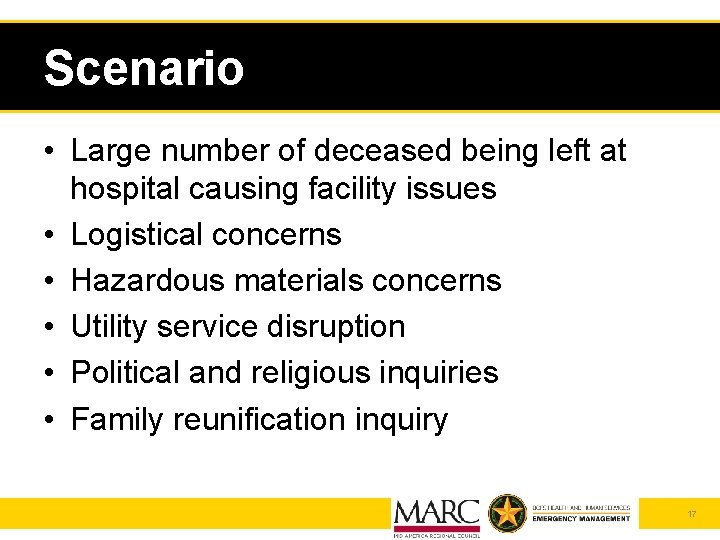 Scenario • Large number of deceased being left at hospital causing facility issues •