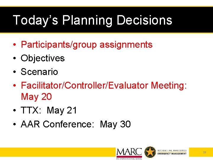 Today’s Planning Decisions • • Participants/group assignments Objectives Scenario Facilitator/Controller/Evaluator Meeting: May 20 •