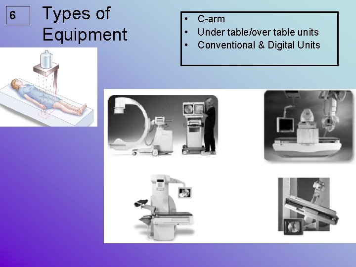 6 Types of Equipment • C-arm • Under table/over table units • Conventional &