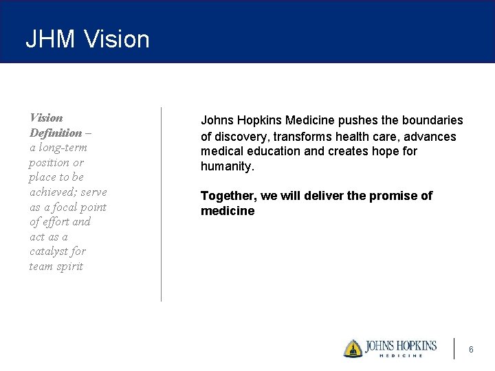 JHM Vision Definition – a long-term position or place to be achieved; serve as