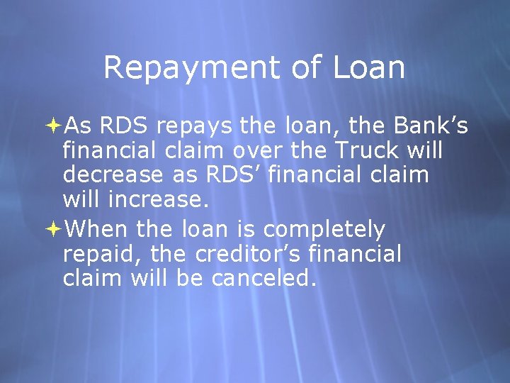 Repayment of Loan As RDS repays the loan, the Bank’s financial claim over the