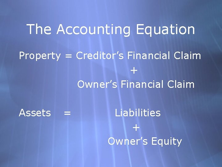 The Accounting Equation Property = Creditor’s Financial Claim + Owner’s Financial Claim Assets =