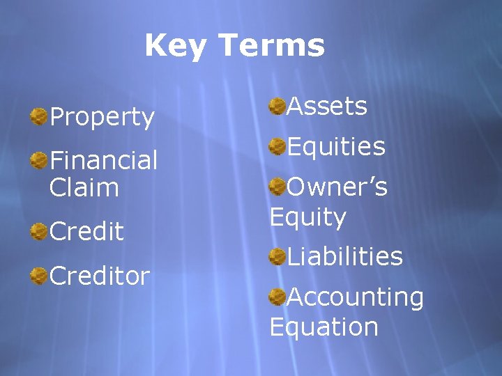 Key Terms Property Financial Claim Creditor Assets Equities Owner’s Equity Liabilities Accounting Equation 