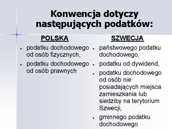 Konwencja dotyczy następujących podatków: POLSKA ● ● podatku dochodowego od osób fizycznych, podatku dochodowego