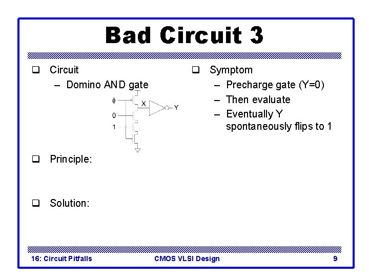 Bad Circuit 3 q Circuit – Domino AND gate q Symptom – Precharge gate