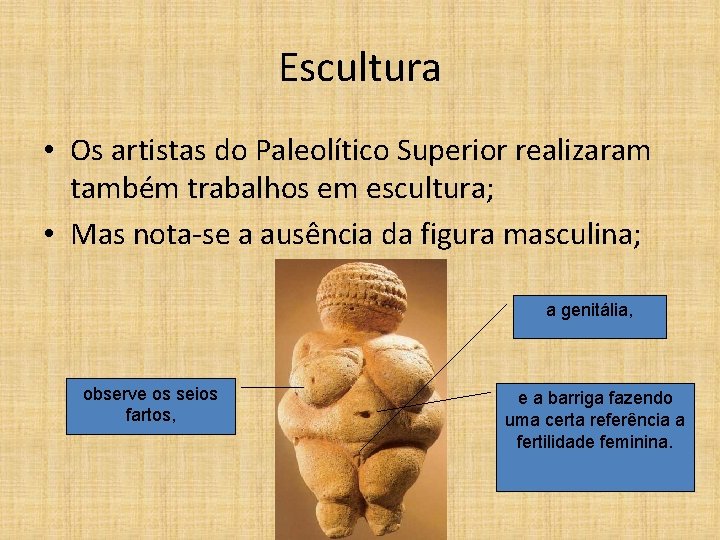 Escultura • Os artistas do Paleolítico Superior realizaram também trabalhos em escultura; • Mas