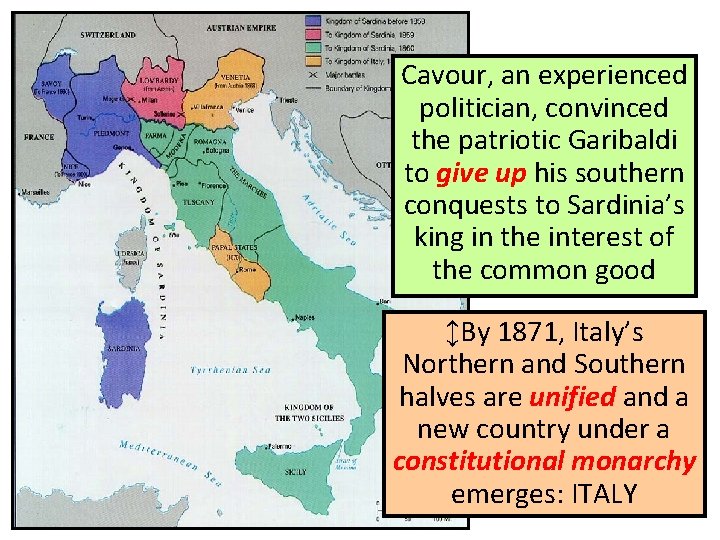 Cavour, an experienced politician, convinced the patriotic Garibaldi to give up his southern conquests