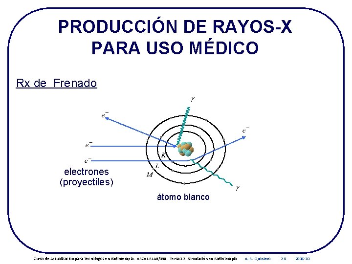 PRODUCCIÓN DE RAYOS-X PARA USO MÉDICO Rx de Frenado electrones (proyectiles) átomo blanco Curso