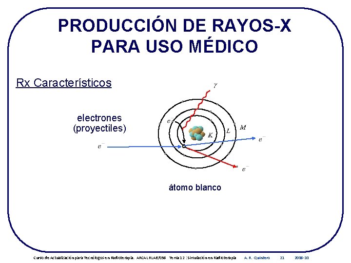 PRODUCCIÓN DE RAYOS-X PARA USO MÉDICO Rx Característicos electrones (proyectiles) átomo blanco Curso de