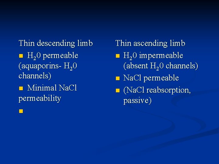 Thin descending limb n H 20 permeable (aquaporins- H 20 channels) n Minimal Na.