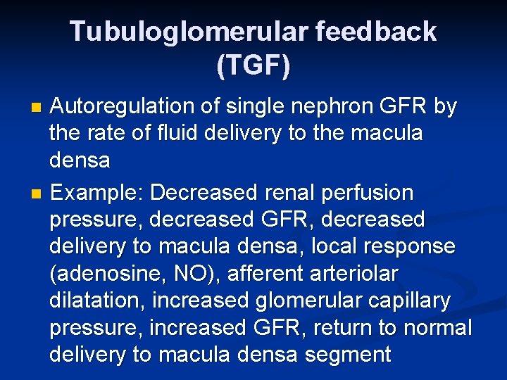 Tubuloglomerular feedback (TGF) Autoregulation of single nephron GFR by the rate of fluid delivery