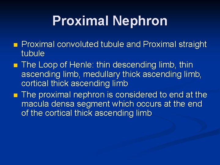 Proximal Nephron n Proximal convoluted tubule and Proximal straight tubule The Loop of Henle: