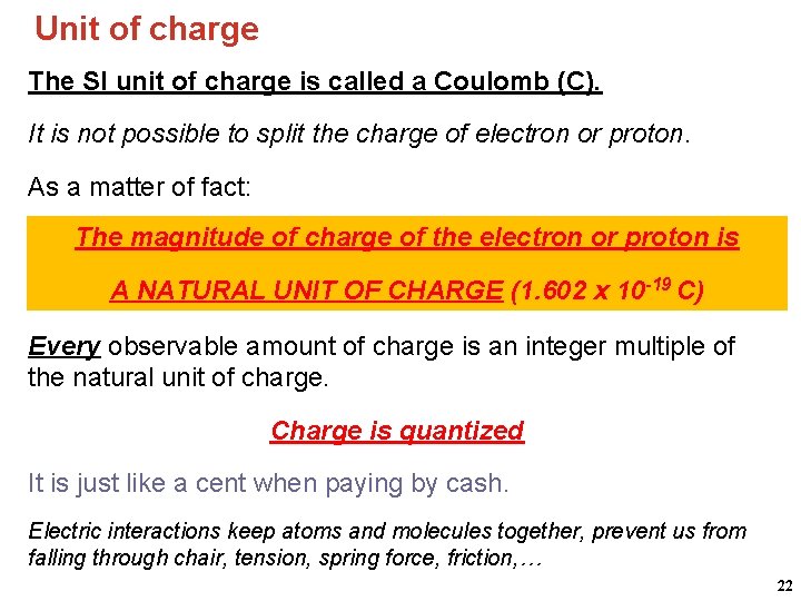 Unit of charge The SI unit of charge is called a Coulomb (C). It