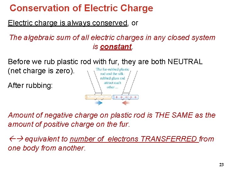 Conservation of Electric Charge Electric charge is always conserved, or The algebraic sum of