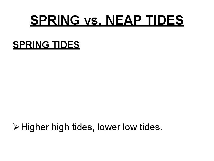 SPRING vs. NEAP TIDES SPRING TIDES Ø Higher high tides, lower low tides. 